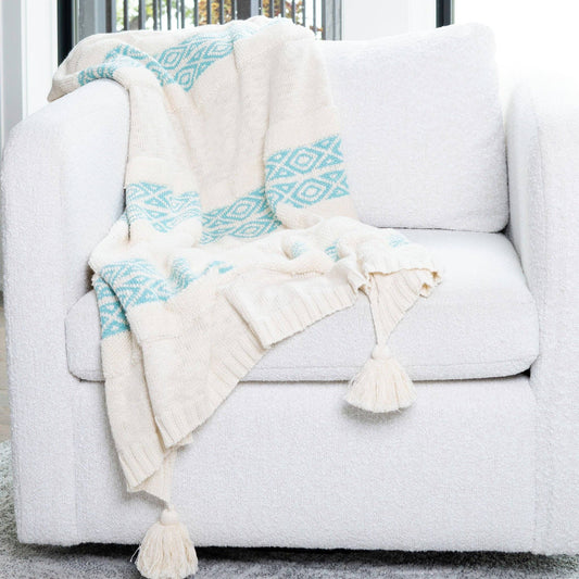 White Knit Throw with Teal Trim