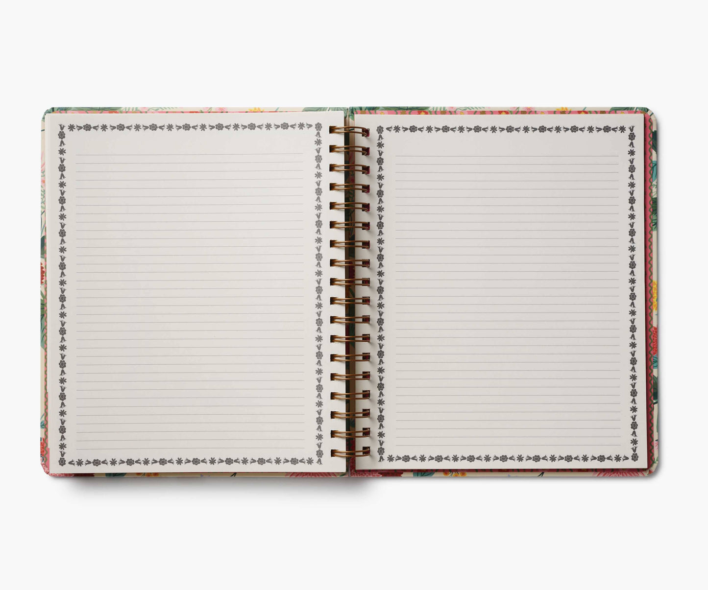 Open notebook with lined pages on a white background