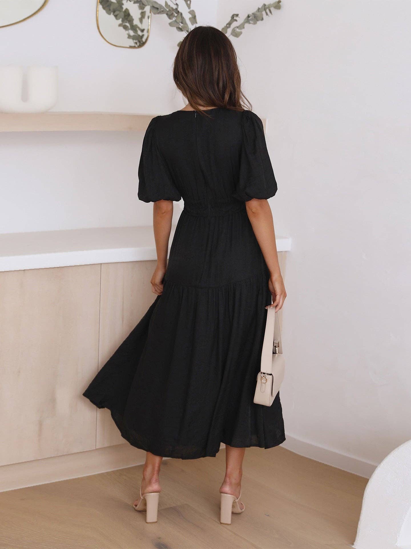 Ladies Bubble Sleeves V-Neck Daily Midi Dress
