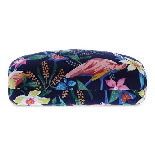 Floral and flamingo patterned case on a white background