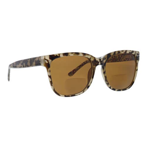 Sunglasses with leopard print frame and brown lenses on a white background