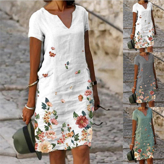 Floral Printed SS V-Neck Dress
