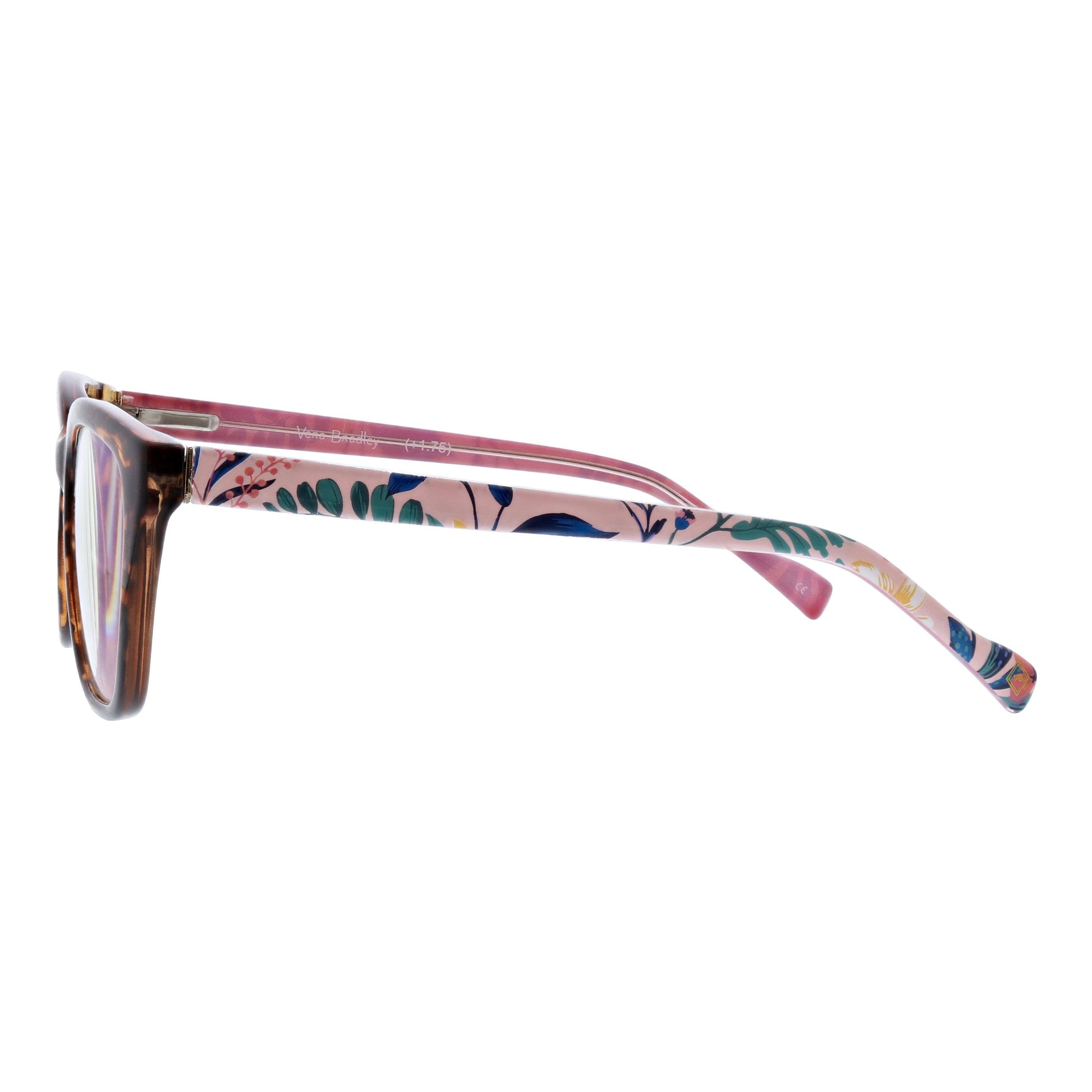 Sunglasses with floral patterned arms on a white background