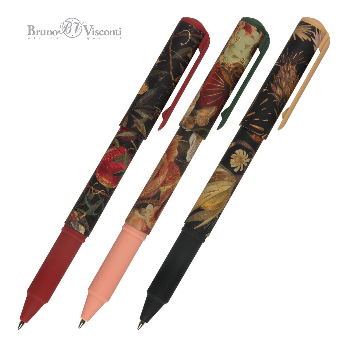 Four floral-patterned pens with colored accents on a white background, featuring the Bruno Visconti logo.