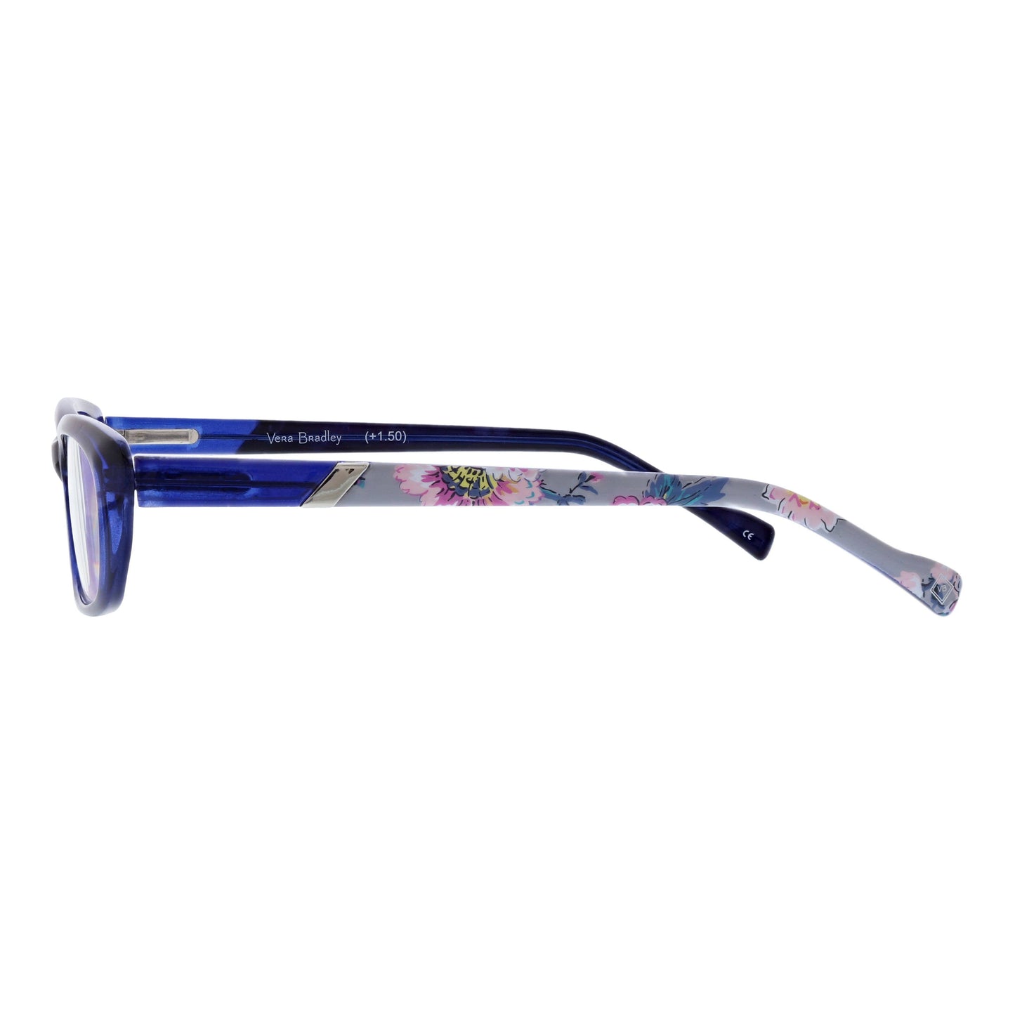 Blue glasses with floral patterned arm on a white background