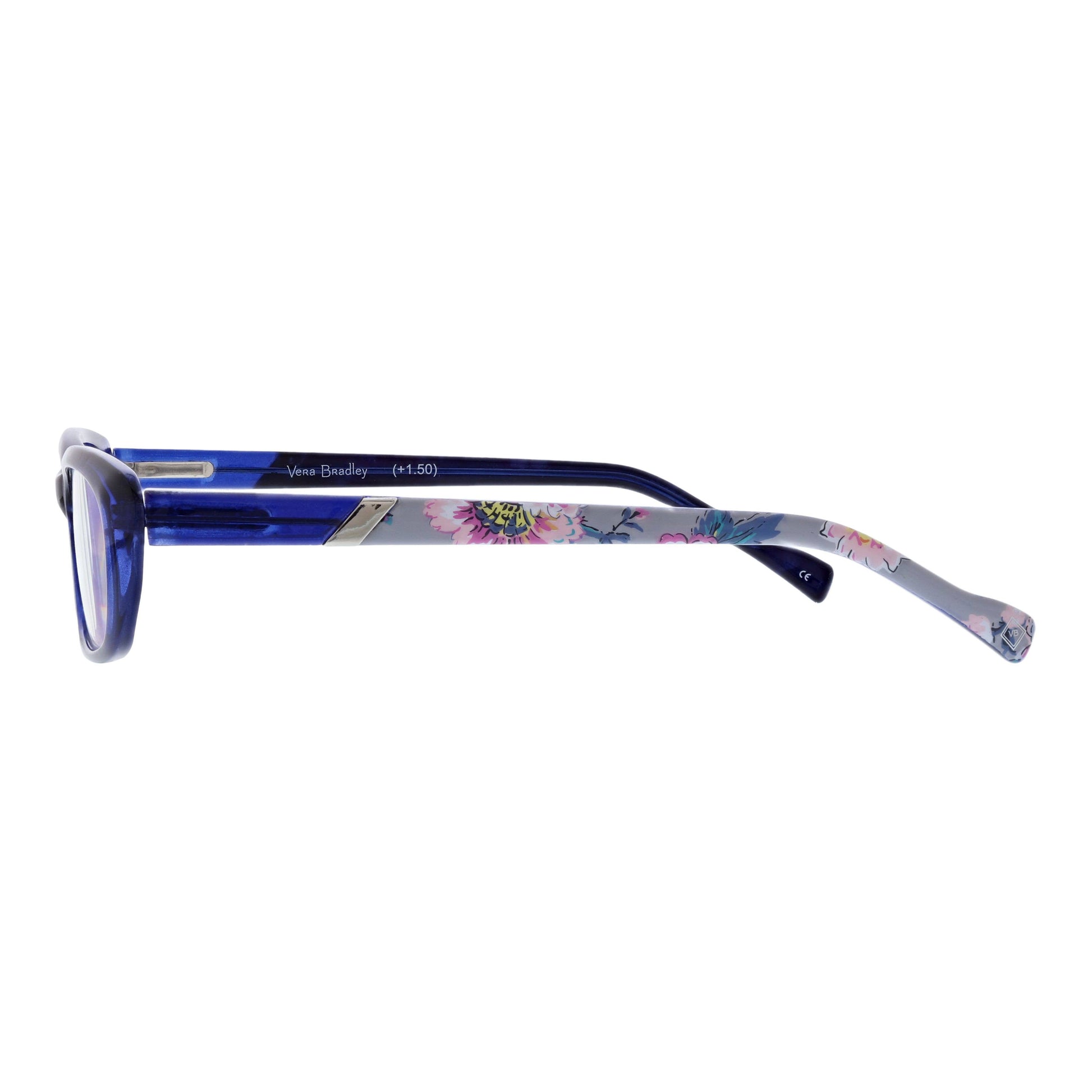 Blue glasses with floral patterned arm on a white background