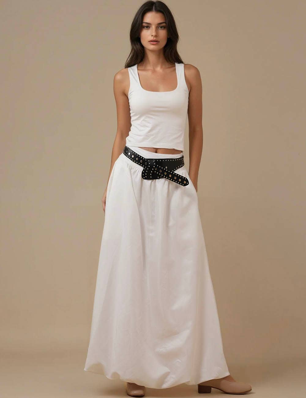 Ladies Solid Color Wide Waistband Skirt