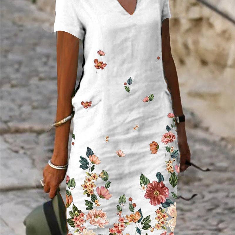 Floral Printed SS V-Neck Dress