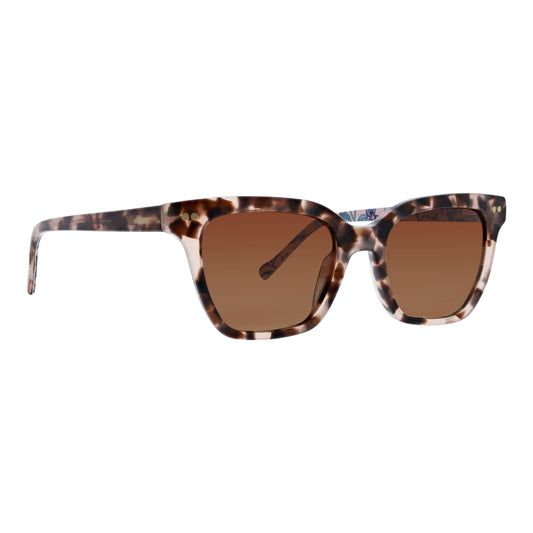 Sunglasses with tortoiseshell frame and brown lenses on a white background