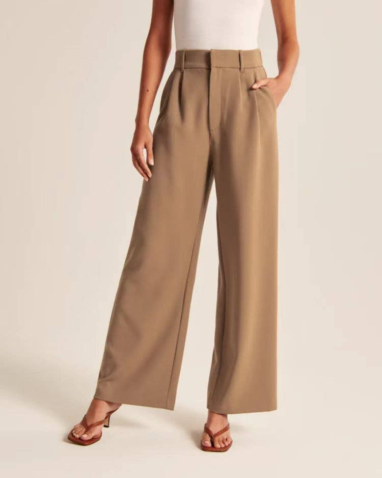 Ladies Solid Color High Waist Straight Leg Pants