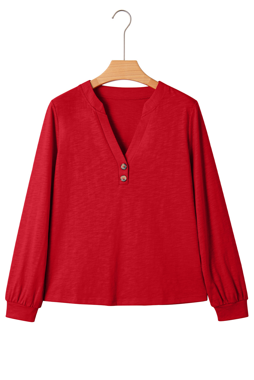red long-sleeve top with buttons 