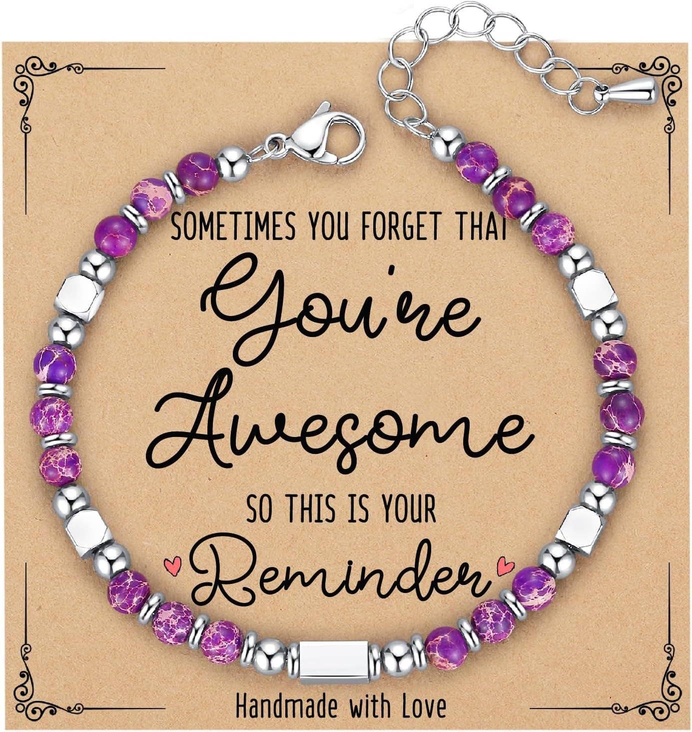 4mm Stone & Stainless Steel Bead Bracelet| Blessing Card -CS: Amethyst Bracelet & Awesome