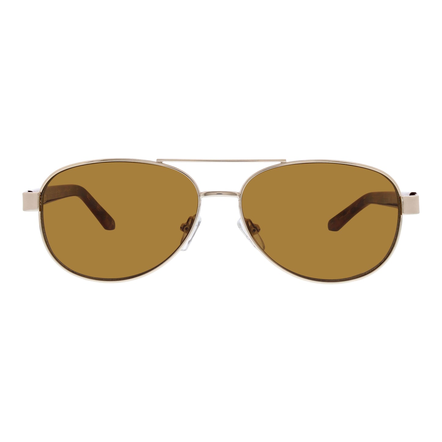 Aviator sunglasses with gold frame and brown lenses on a white background