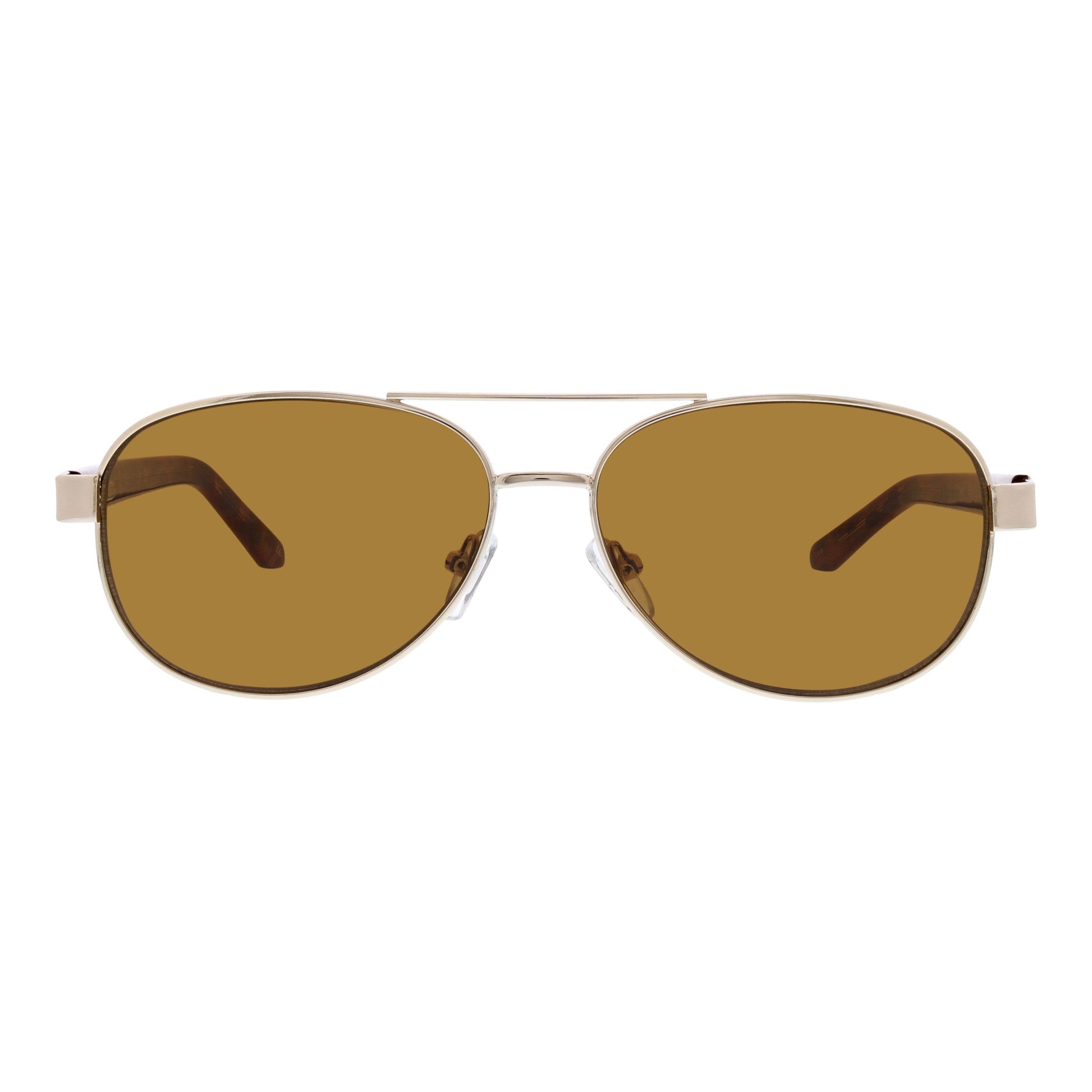 Aviator sunglasses with gold frame and brown lenses on a white background