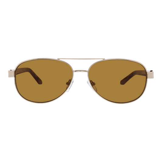 Aviator sunglasses with gold frame and brown lenses on a white background