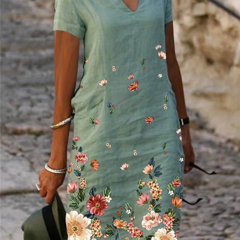 Floral Printed SS V-Neck Dress