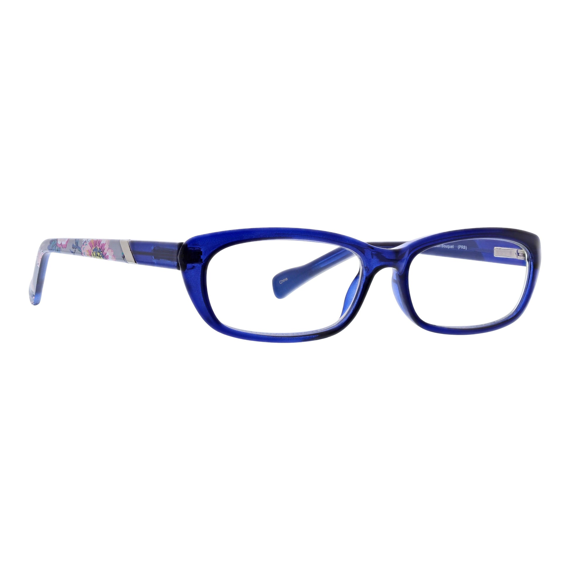 Blue eyeglasses with floral pattern on temple on a white background