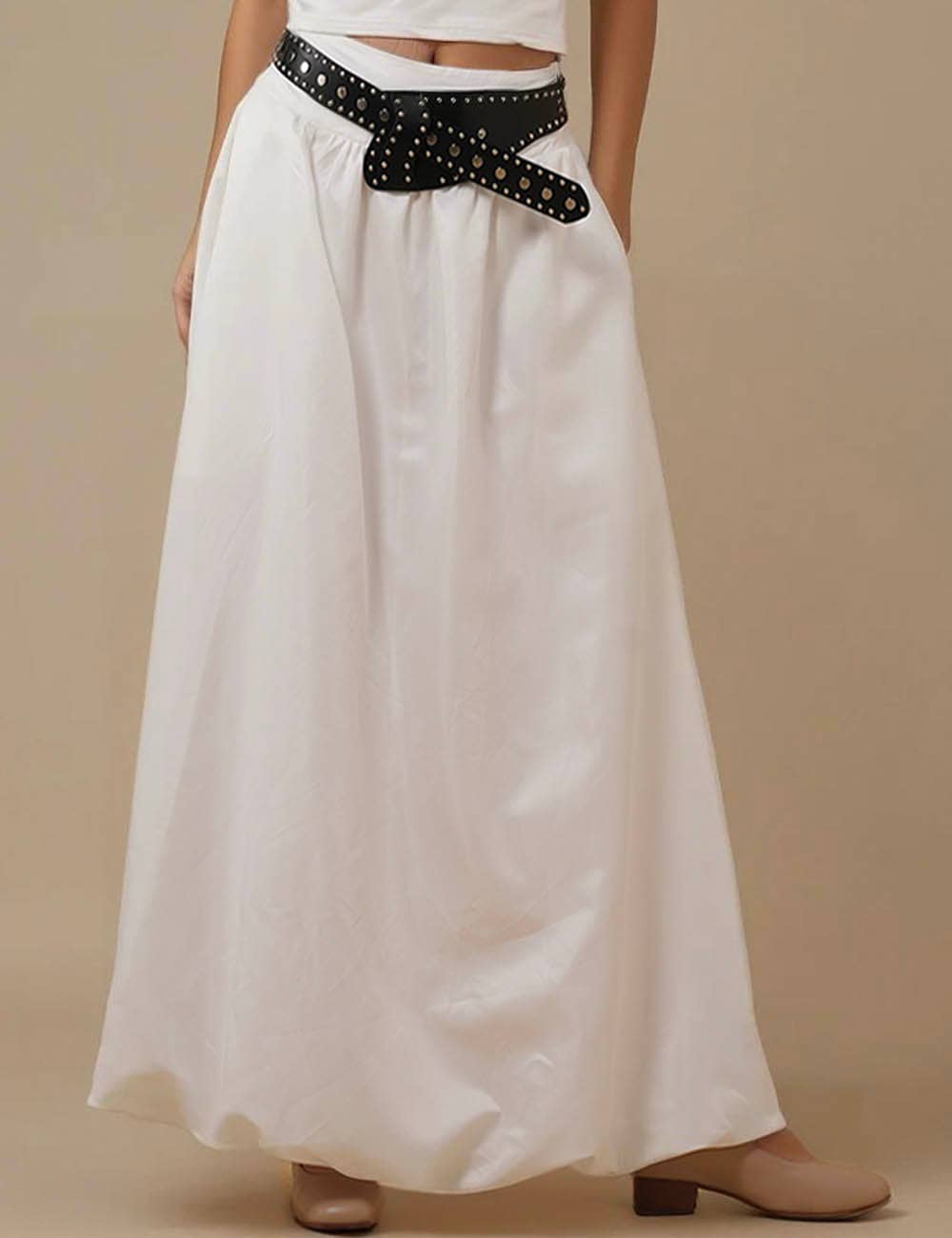 Ladies Solid Color Wide Waistband Skirt