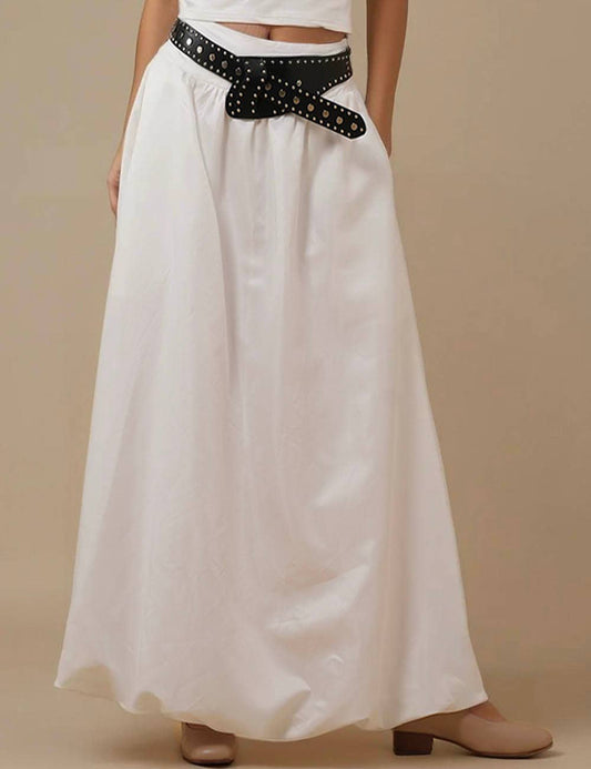 Ladies Solid Color Wide Waistband Skirt