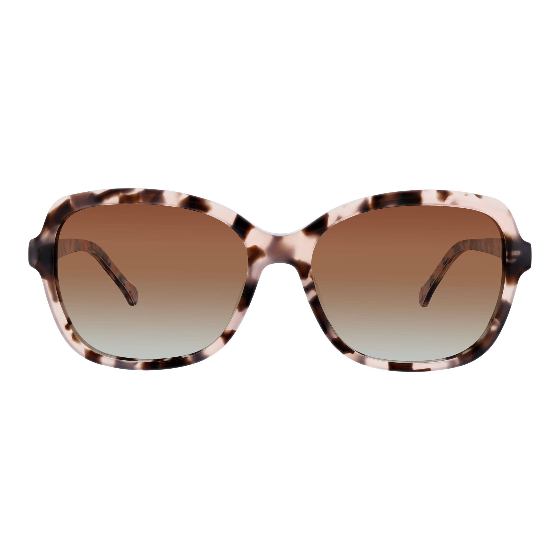 Sunglasses with tortoiseshell frame and brown gradient lenses on a white background