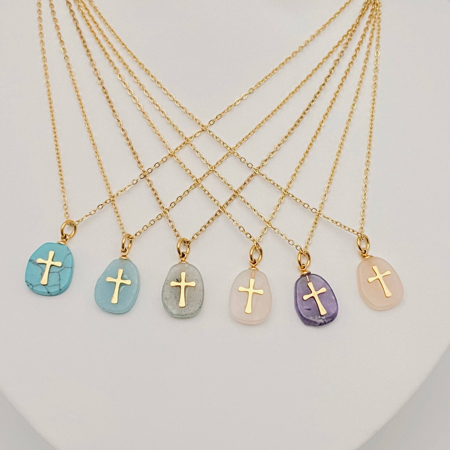 Natural Stone Stainless Steel Cross Pendant Necklace - CS: 4# turquoise blue