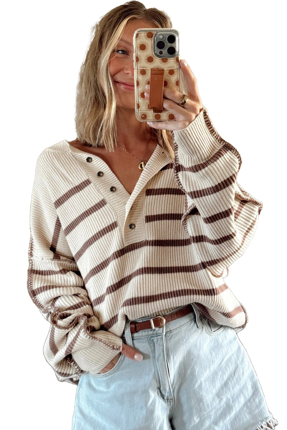 Brown Striped Henley Sweater