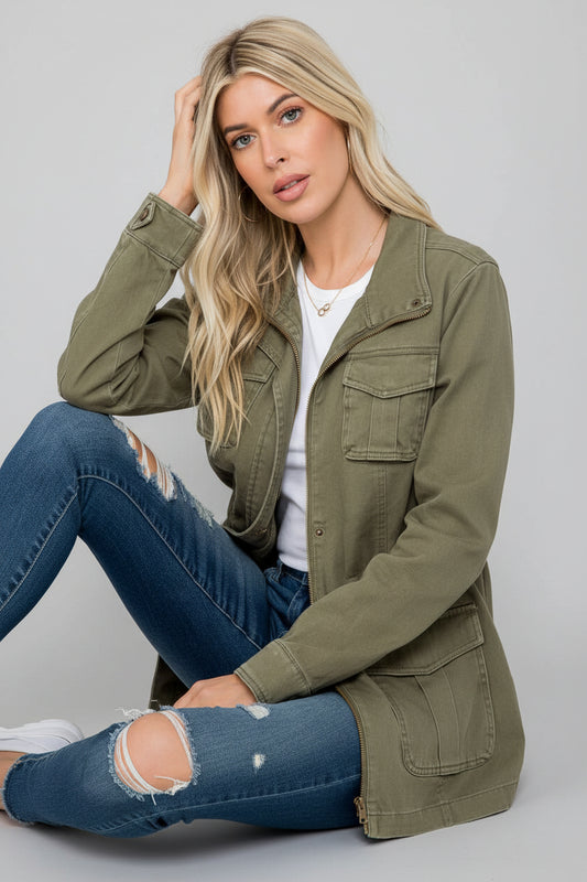 Heavy twill garment washed Anorak jacket by 26 International, shown in a close-up view highlighting fabric texture and design details.