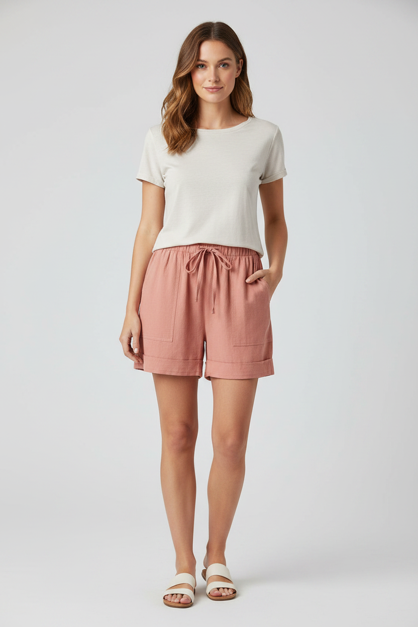 Model with white shirt and coral shorts against white background