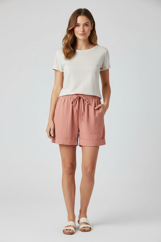 Model with white shirt and coral shorts against white background