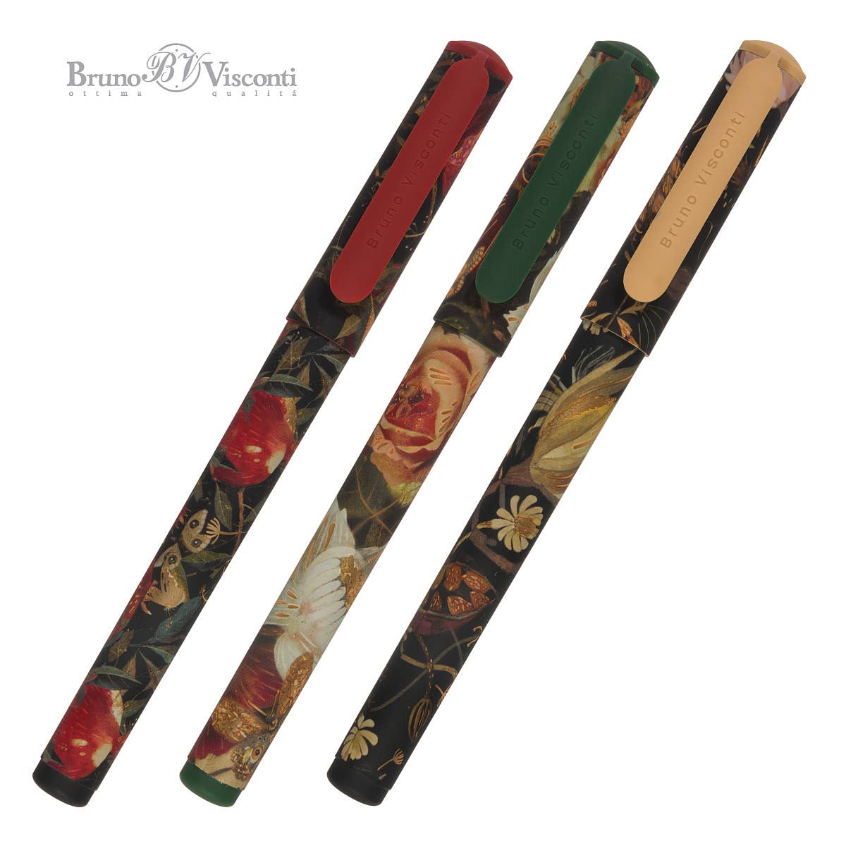Three Bruno Visconti pens with floral designs on a white background