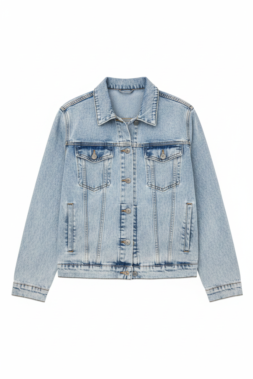 Light blue denim jacket on a white background