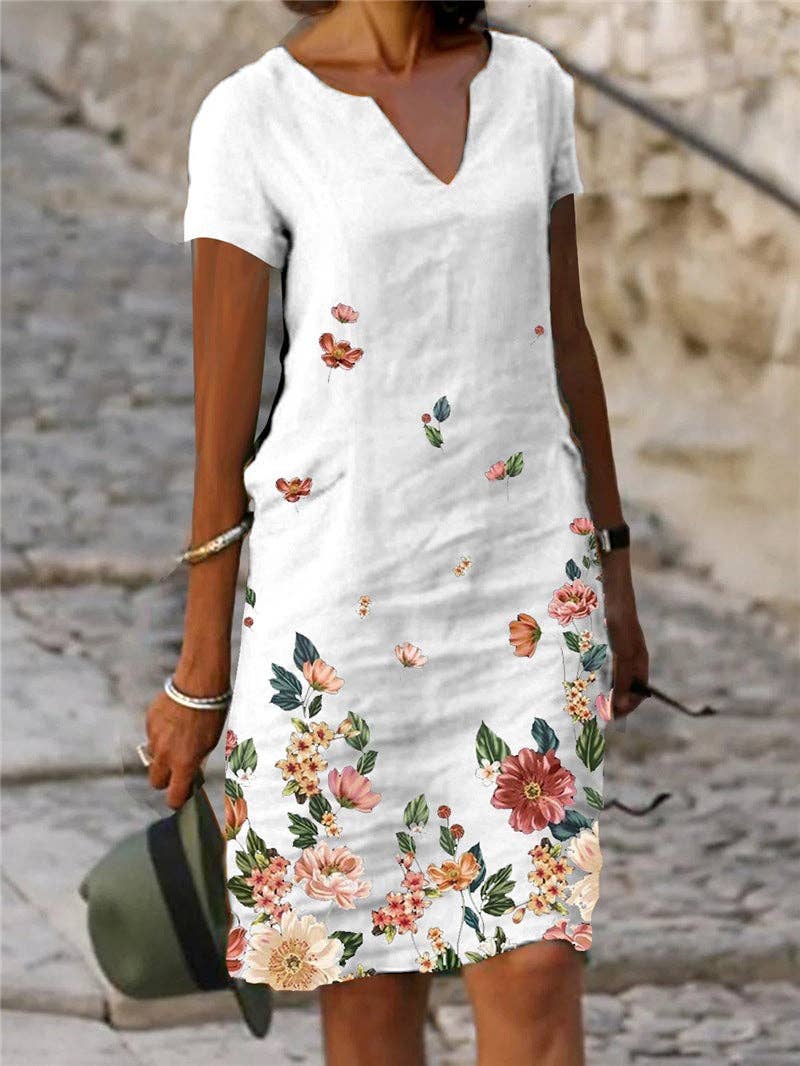 Floral Printed SS V-Neck Dress