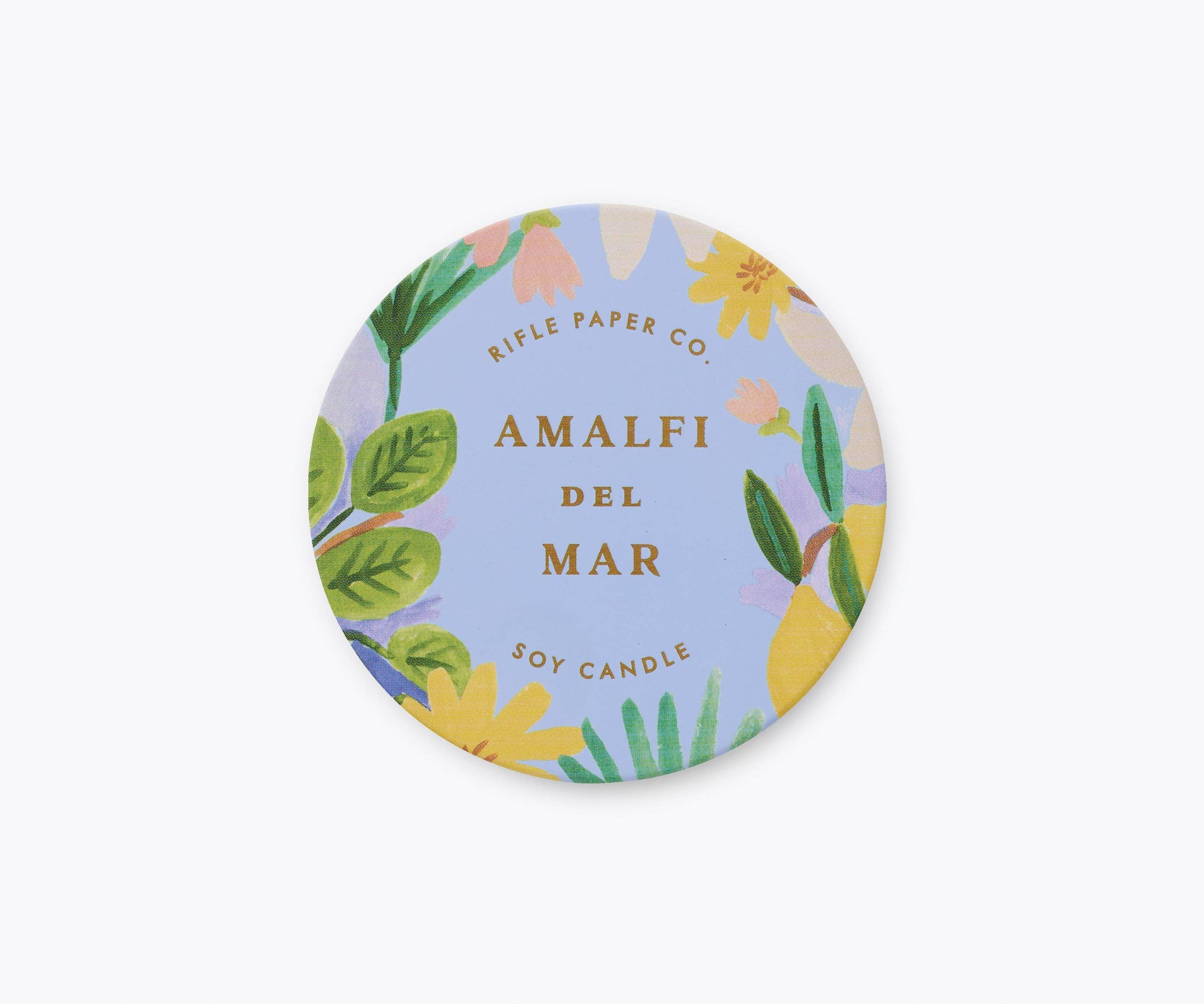 Round candle packaging with floral design and 'Amalfi Del Mar' text on a white background