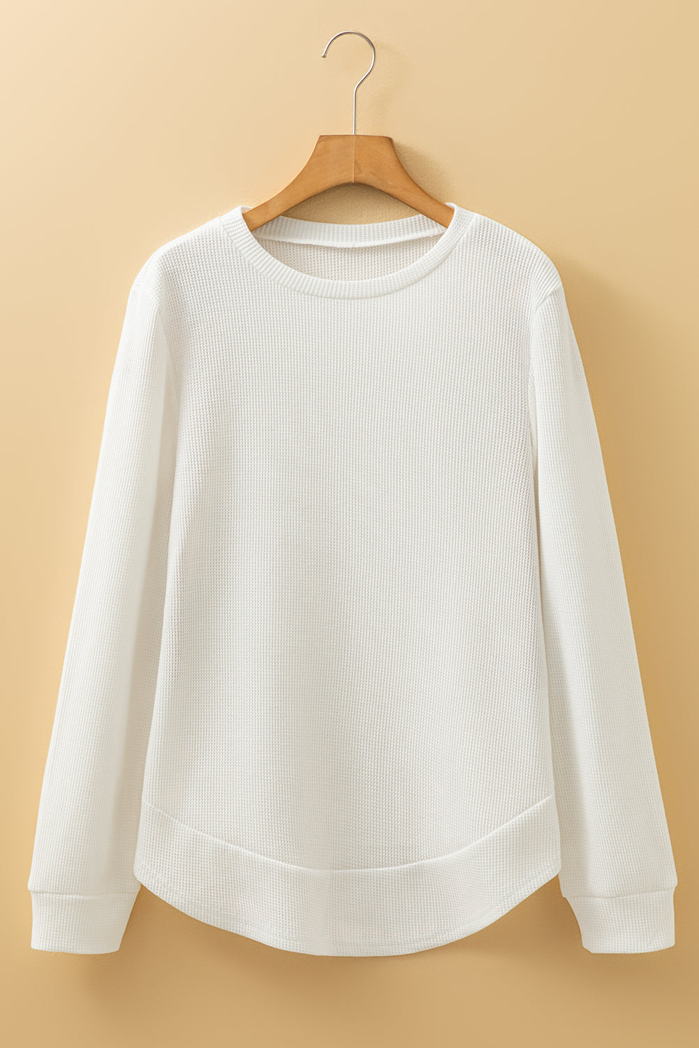 White Rounded Hem Waffle L/S Top