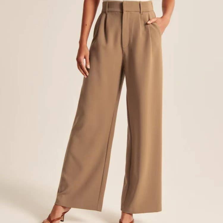 Ladies Solid Color High Waist Straight Leg Pants