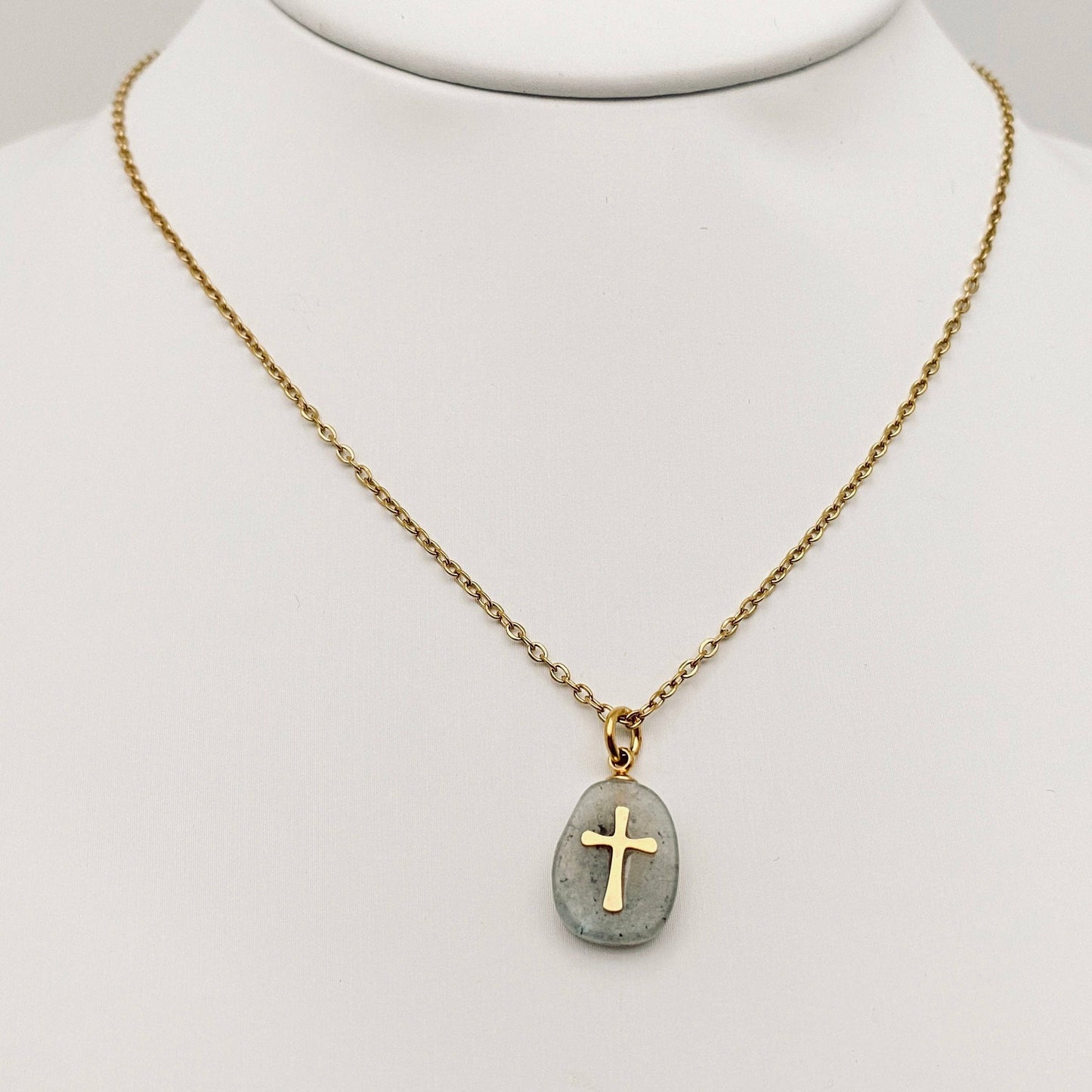 Natural Stone Stainless Steel Cross Pendant Necklace - CS: 5# Green