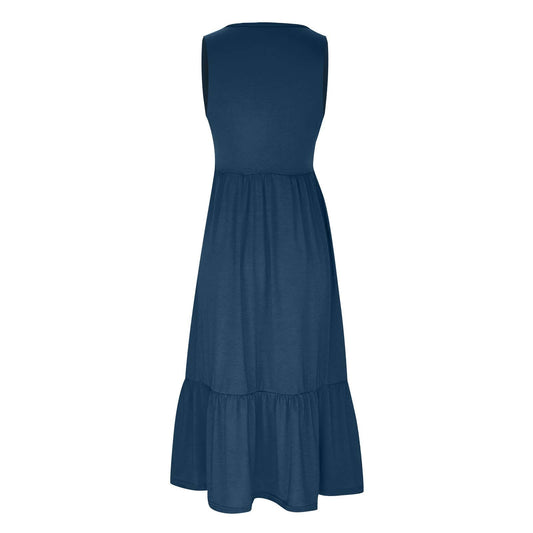 Ladies Sleeveless Pockets Simple Midi Dress