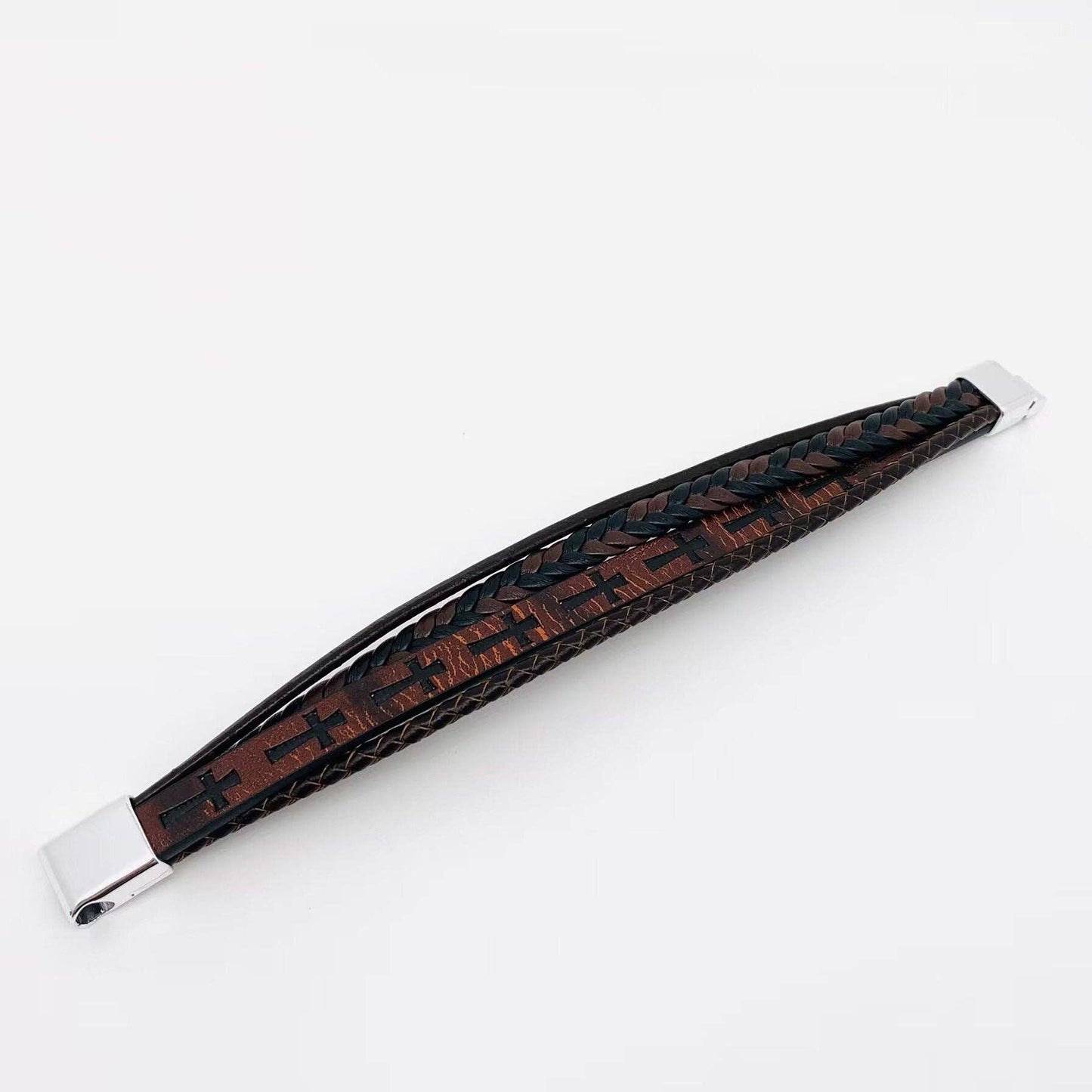 Handmade Leather Cross Men's Magnetic Buckle Bracelet -MJ/BC: 210MM / 8.26in