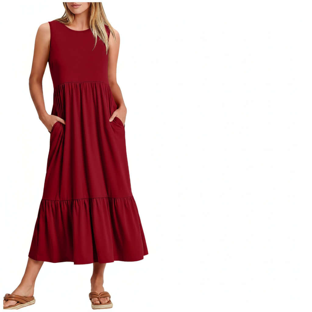 Ladies Sleeveless Pockets Simple Midi Dress