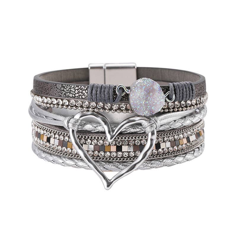 Multi-Layer Heart Charm Bangle Bracelets - BJ/LB: Silver