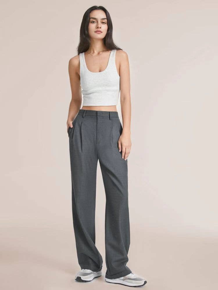 Ladies Solid Color High Waist Straight Leg Pants