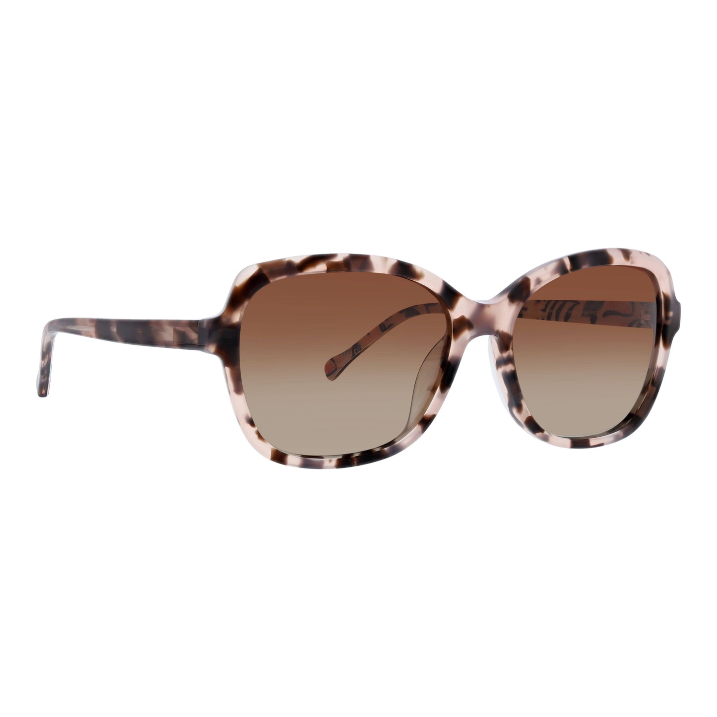 Sunglasses with tortoiseshell frame and brown gradient lenses on a white background