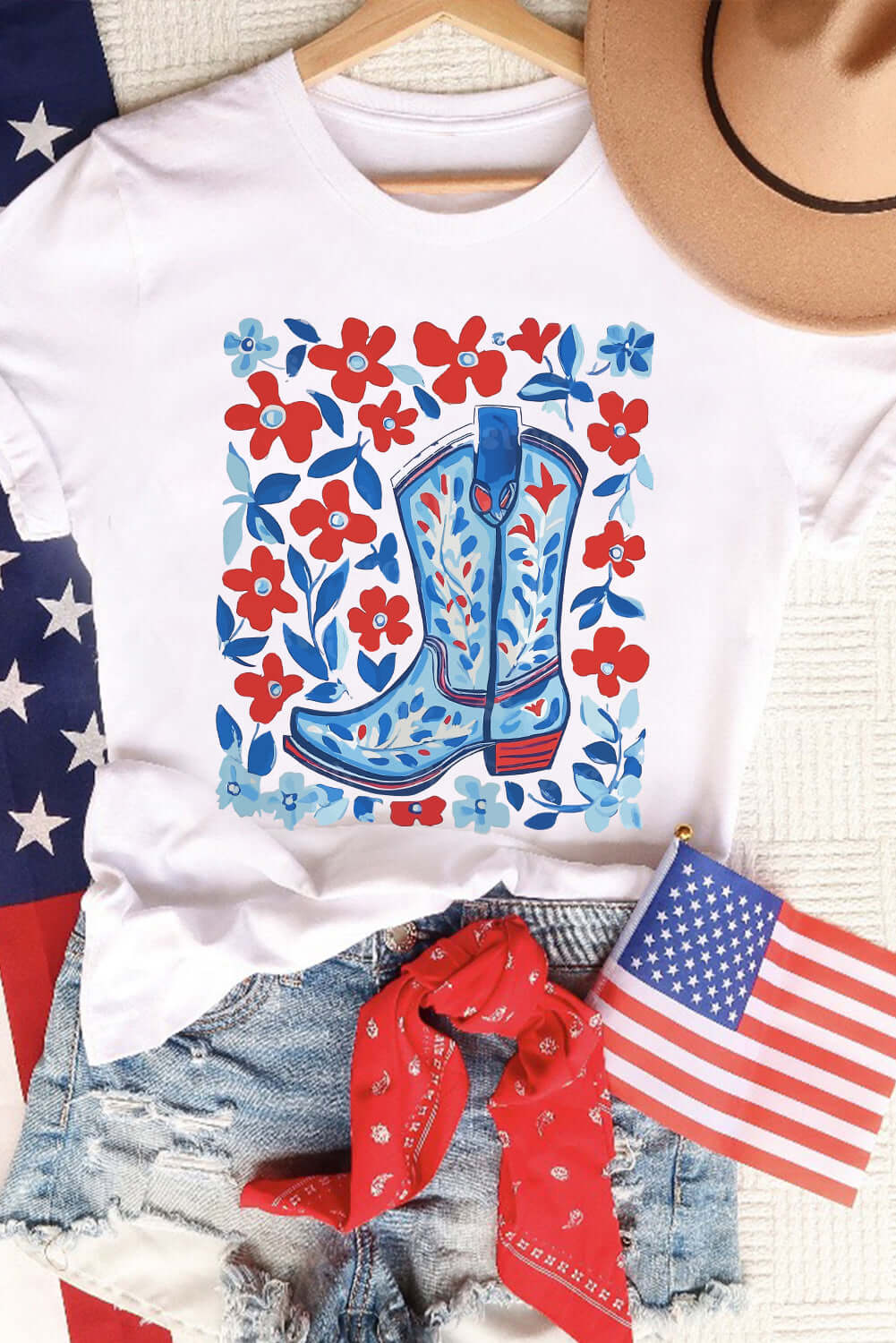 White T shirt with graphic boot in blue and red