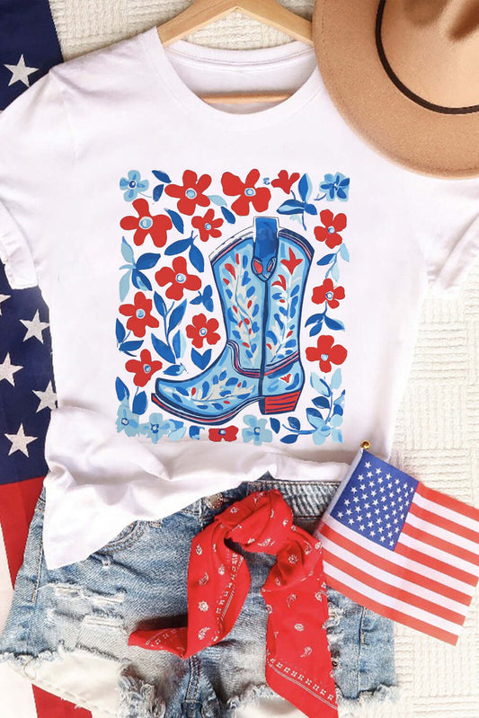 White T shirt with graphic boot in blue and red