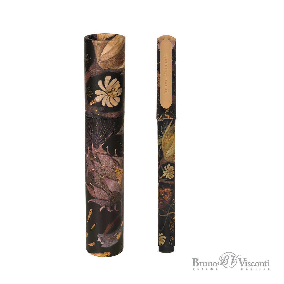 Fountain pen with floral design and matching case on a white background, featuring the Bruno Visconti brand.