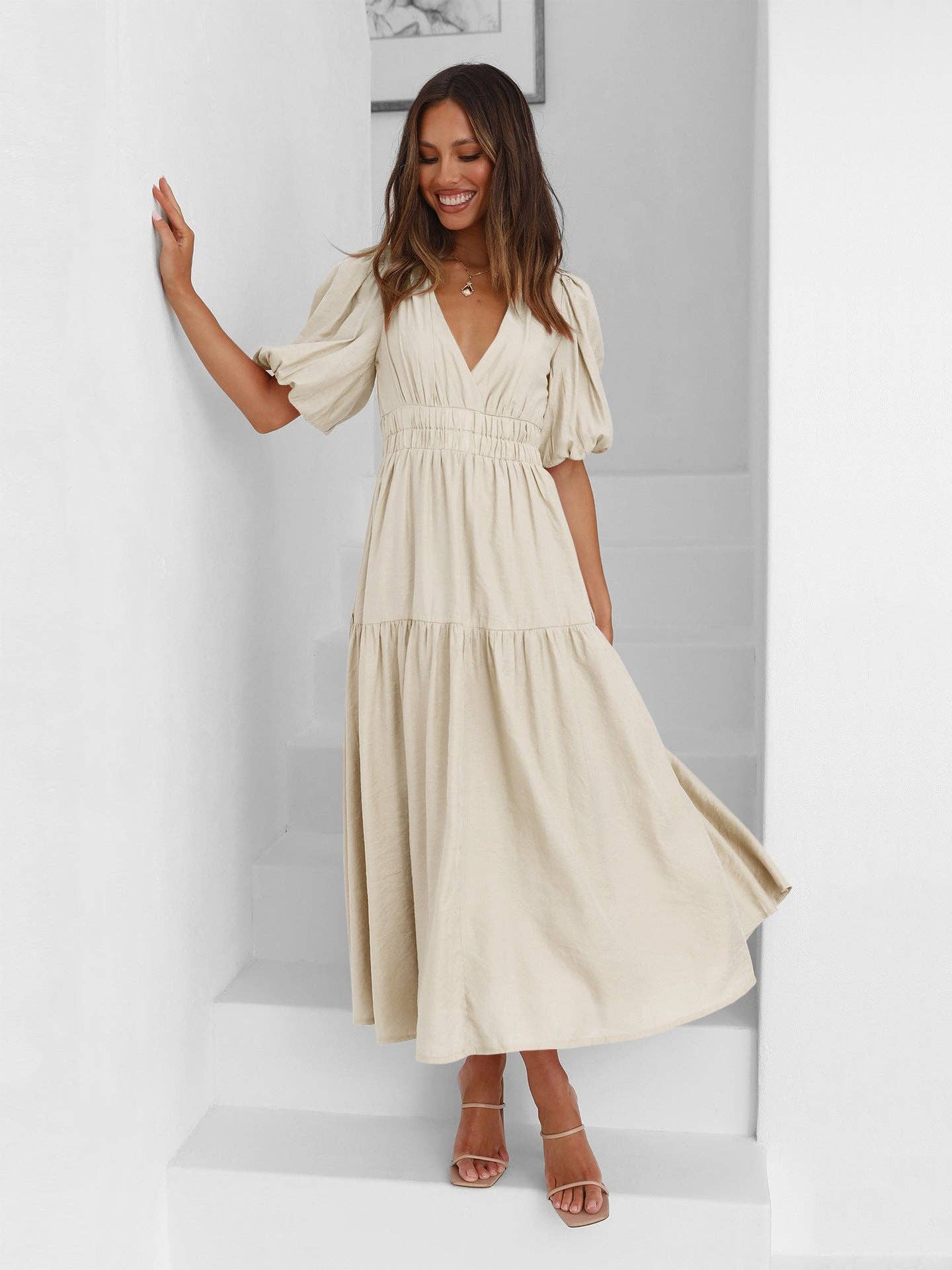 Ladies Bubble Sleeves V-Neck Daily Midi Dress