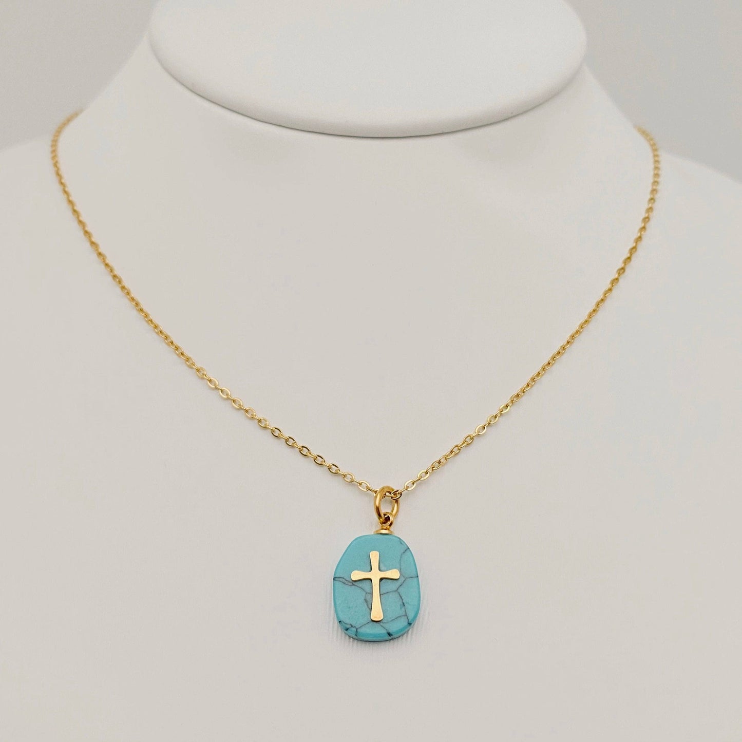 Natural Stone Stainless Steel Cross Pendant Necklace - CS: 4# turquoise blue