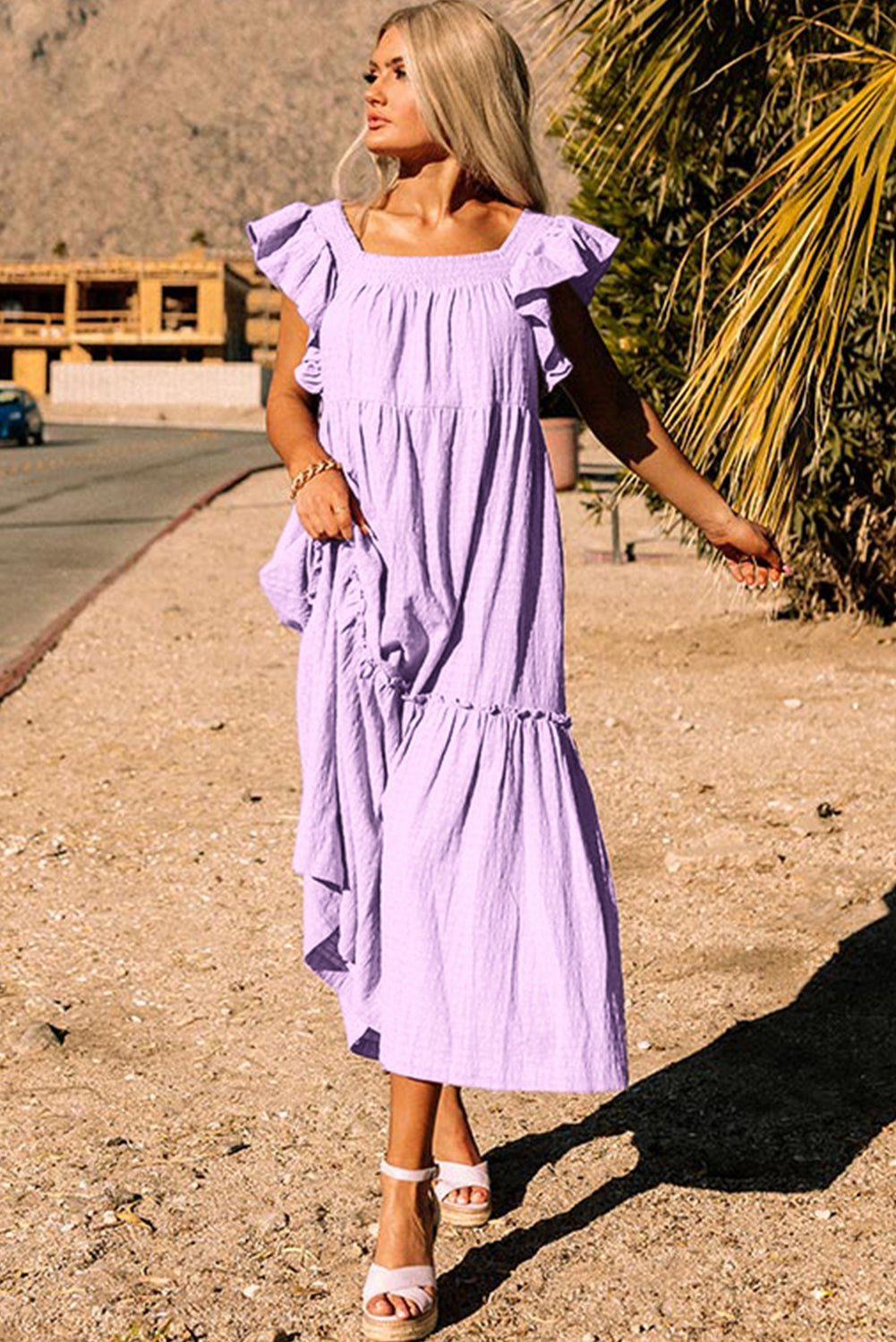 Purple Ruffles Flutter Sleeve Square Neck Textured Tiered Maxi Dress