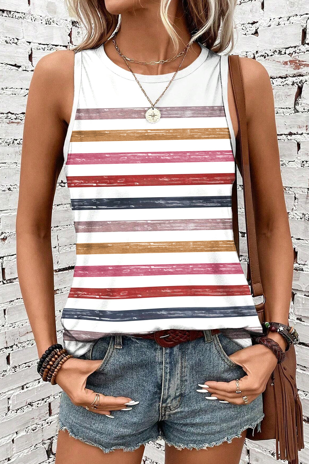 Red Rainbow Striped Round Neck Tank Top