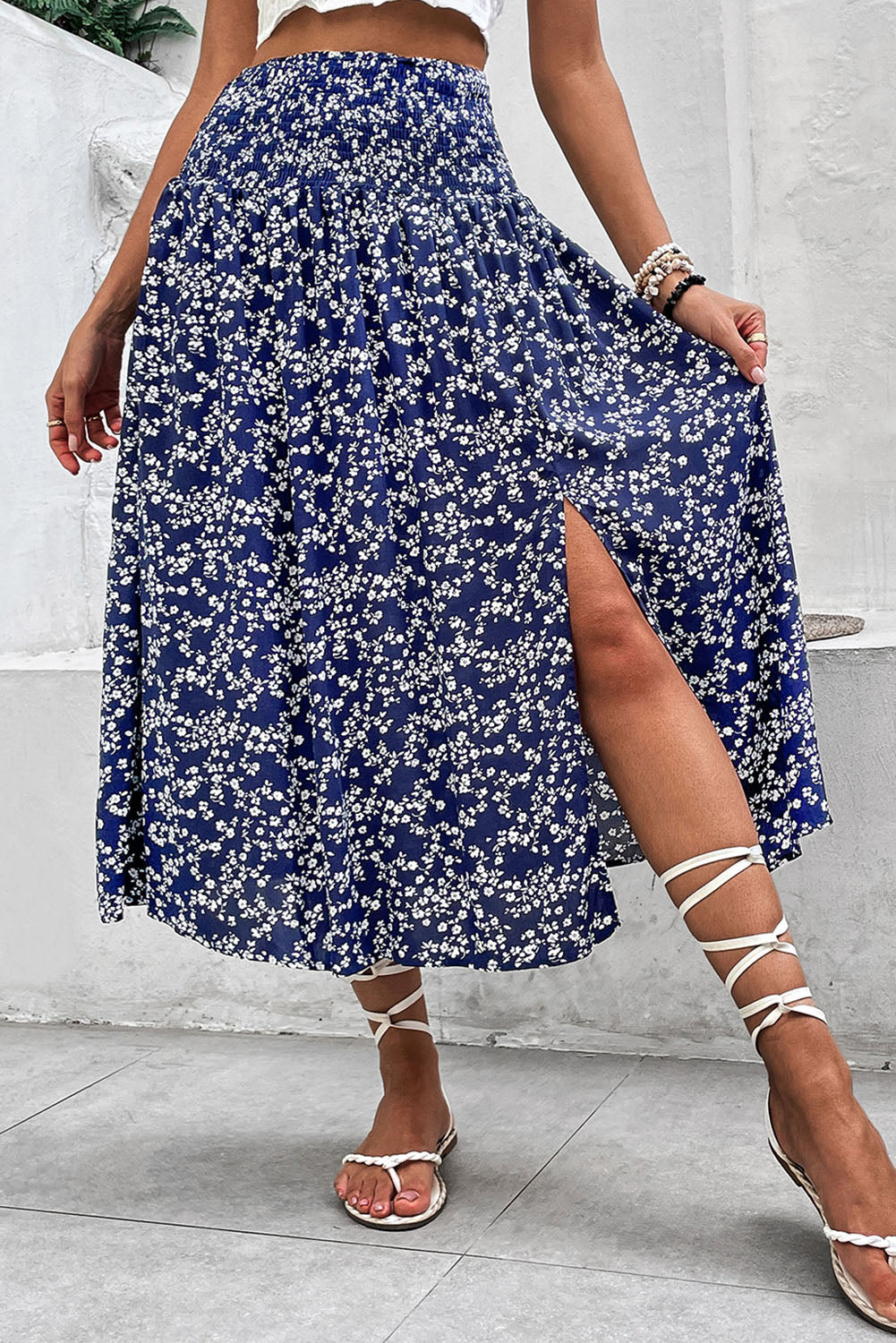Navy Blue White Floral Skirt